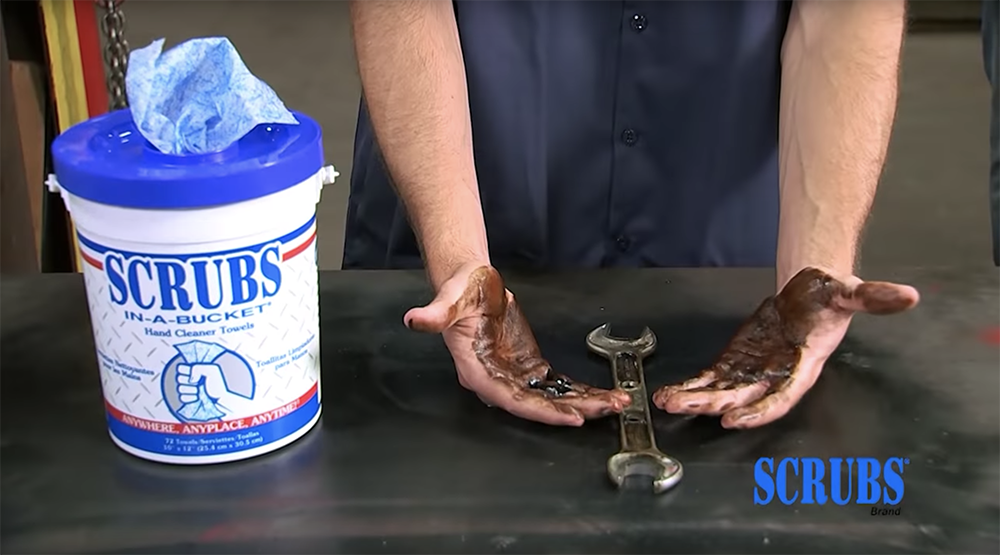 How SCRUBS-IN-A-BUCKET HAND CLEANER TOWELS removes oil and dirt on the go